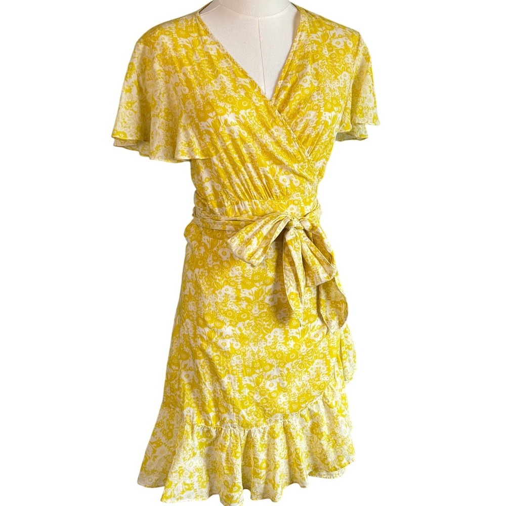 ba&sh Yellow Floral Cotton Wrap Dress Short Flutter Sleeve Ruffle Hem Size 3